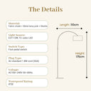 Floor lamp details including material, light source, switch type, plug type, voltage, and waterproof rating on a beige background.