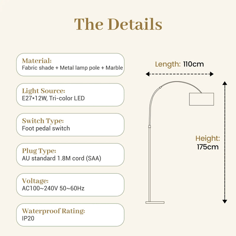 Floor lamp details including material, light source, switch type, plug type, voltage, and waterproof rating on a beige background.