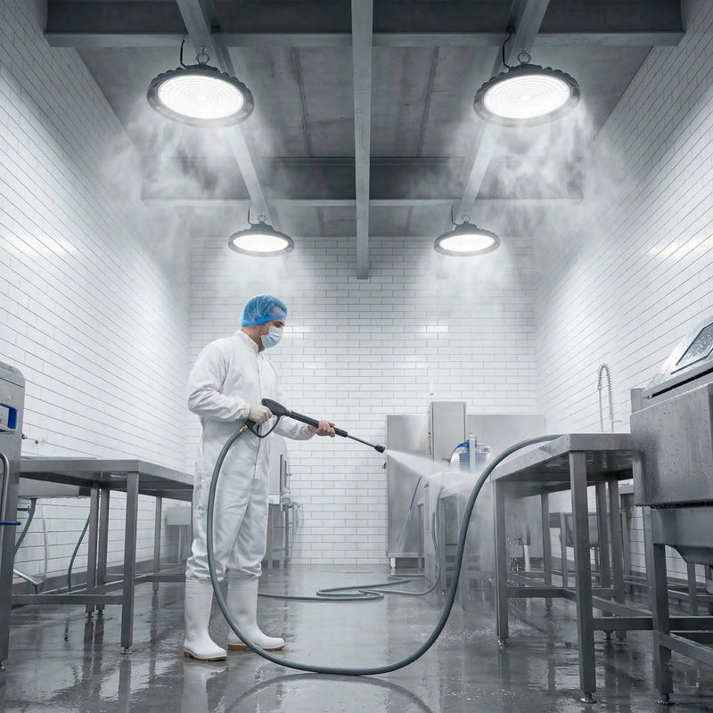 Outway high bay LED lights operating in a commercial kitchen during high-pressure steam cleaning, demonstrating IP65 waterproof performance in a food-safe environment.