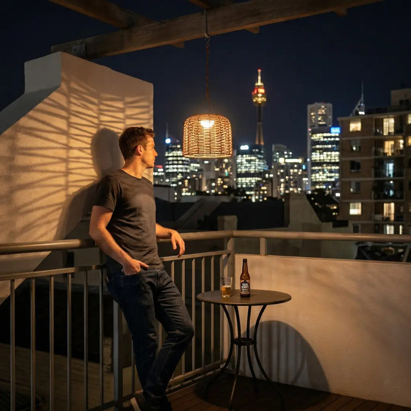 Man relaxing on a rooftop balcony at night with PT0907 Solar Pendant Light glowing overhead, casting woven shadows on the wall. Sydney Tower visible in background. Warm 3000K ambiance perfect for urban outdoor living spaces.