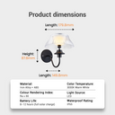 Product dimension diagram for a wall sconce light fixture, showing the lamp with arrows labeling length, height, and width, plus a specification table below listing material, color temperature, Ra, LED light source, battery life, and waterproof rating.
