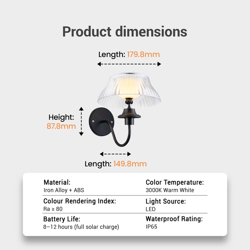 Product dimension diagram for a wall sconce light fixture, showing the lamp with arrows labeling length, height, and width, plus a specification table below listing material, color temperature, Ra, LED light source, battery life, and waterproof rating.