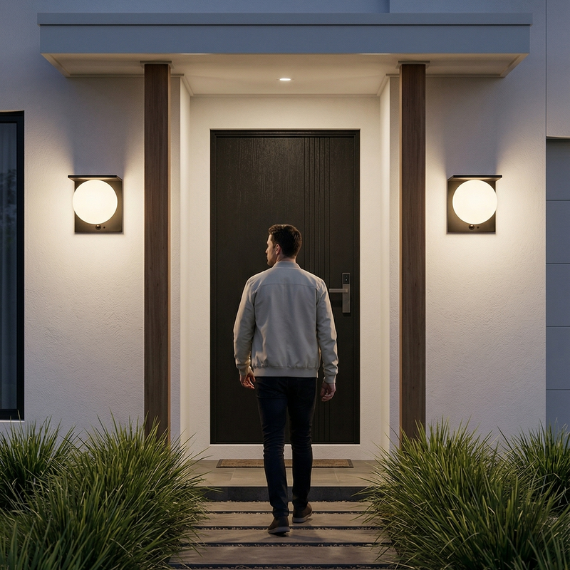 A man in a light gray jacket and dark jeans stands with his back to the camera at a house entrance, looking toward a dark front door. The scene is lit by warm wall sconces on either side, with manicured greenery at the base of the steps.