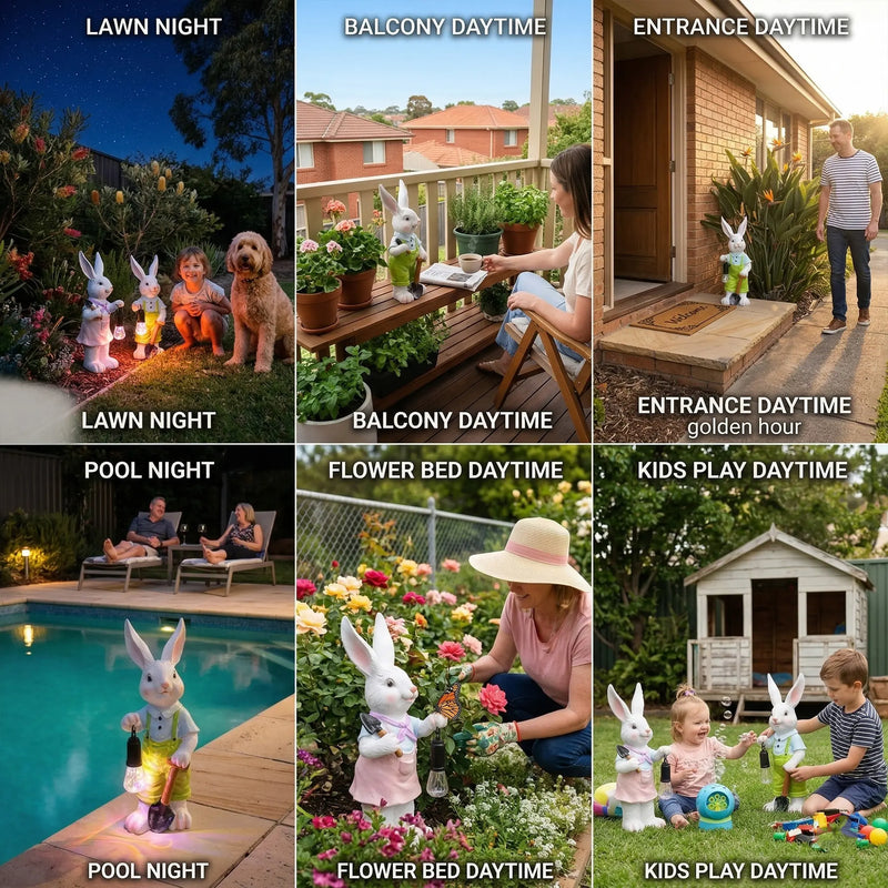 Six-scene collage of Lumi A002 solar rabbit garden ornaments displayed in Australian outdoor settings including lawn at night, balcony daytime, entrance golden hour, pool at night, flower bed daytime, and kids play area daytime