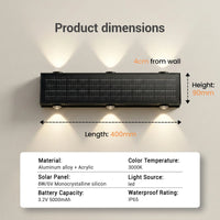 
6-beam solar wall wash light product dimensions 400mm length 90mm height 4cm from wall with specifications aluminium alloy acrylic 8W 6V monocrystalline 5000mAh 3000K IP65