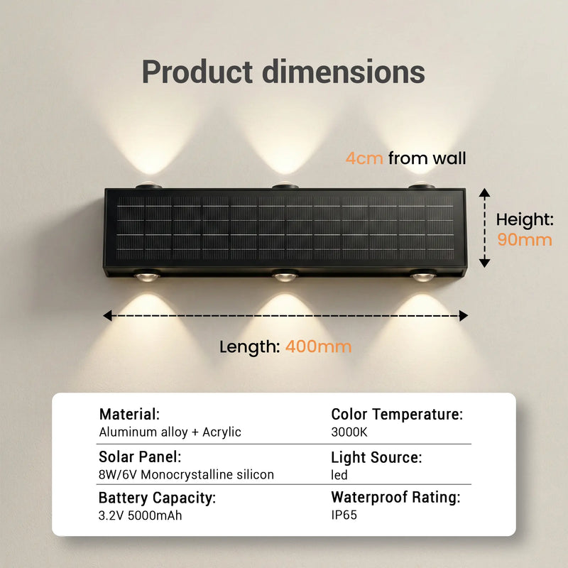 
6-beam solar wall wash light product dimensions 400mm length 90mm height 4cm from wall with specifications aluminium alloy acrylic 8W 6V monocrystalline 5000mAh 3000K IP65