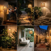 A collage showcasing the versatile styling of the handwoven rattan solar floor lamp in various indoor and outdoor settings, including a lively deck party, a serene garden pathway, a cozy bedroom corner, a lush plant-filled balcony, a rustic porch with a daybed, and a stone courtyard entrance.
