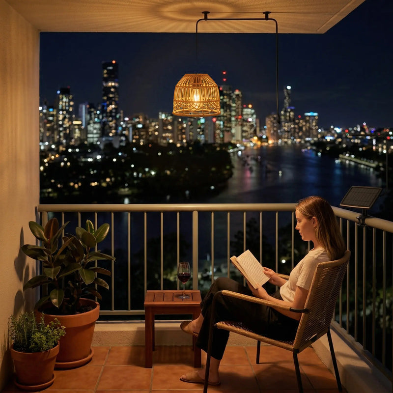 Woman reading a book on a balcony with a cityscape view at night.