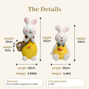 Product dimension diagram of OUTWAY Hoppi A004 solar bubble rabbit showing standing pose height 53cm length 32cm weight 3.56kg with basket pot 10x11cm and sitting pose height 43cm length 30cm weight 3.4kg made of eco-friendly magnesium oxide with 6 to 8 hour charging time