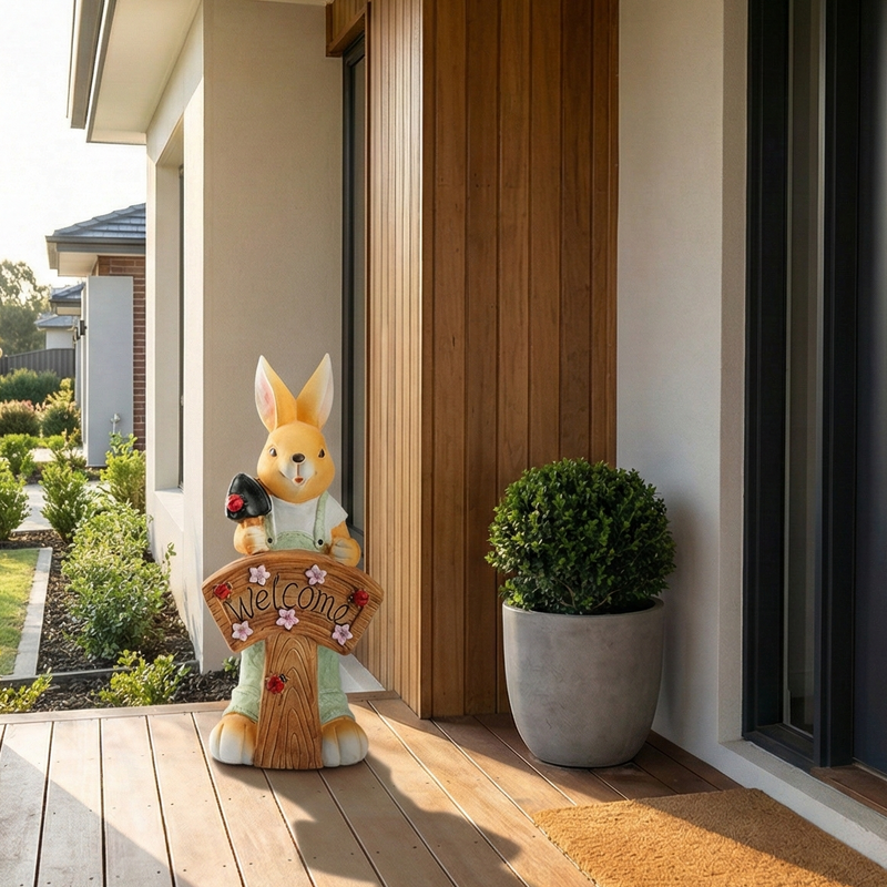 Boy solar rabbit garden ornament Welcome sign front door entrance modern Australian home outdoor decor hand-painted bunny statue 71cm