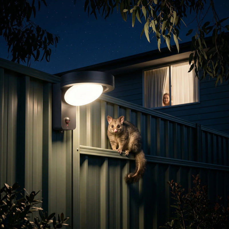 Serra solar wall light triggered by possum on backyard Colorbond fence at night, motion sensor red LED active, woman watching from window