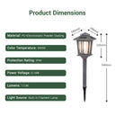 Product dimensions chart for a solar garden light with specifications and a diagram of the light.
