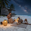 Couple enjoying beach picnic at night with PT0906 solar rattan lights, starry sky, tropical palm trees, romantic outdoor ambiance