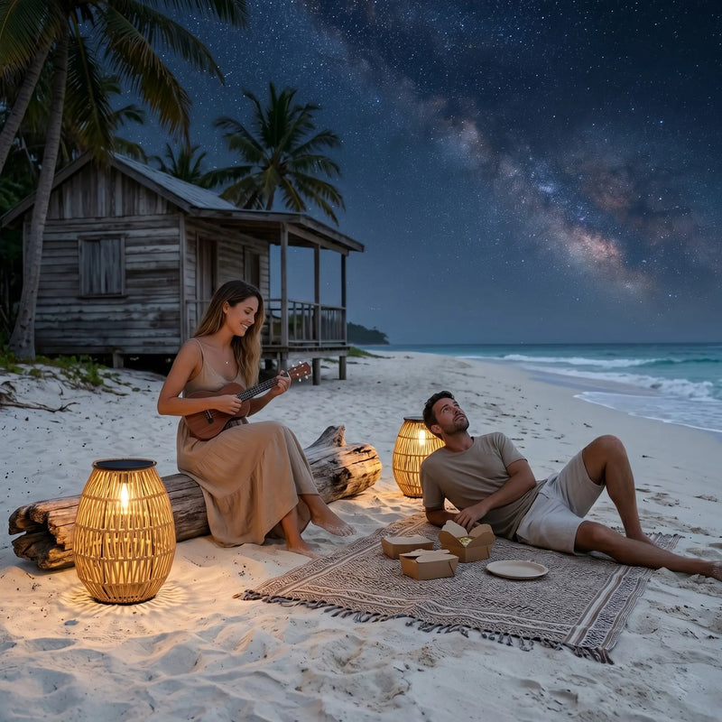 Couple enjoying beach picnic at night with PT0906 solar rattan lights, starry sky, tropical palm trees, romantic outdoor ambiance