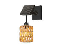 Studio shot of PT0909 solar rattan wall light against white background, showcasing matte black bracket, adjustable solar panel, and cylindrical PE rattan shade with visible E27 bulb — clean, minimalist presentation for e-commerce.