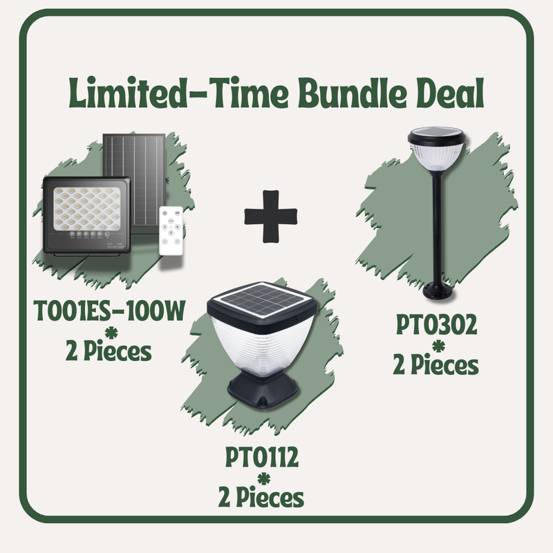 Modo Solar Motion Sensor Floodlight T001ES-100W [2-pieces]+ Verta 5-in-1 Solar Lawn & Pillar Light PT0302 [2-pieces] + Nexi Tri-Color Solar Pillar Light PT0112 [2-pieces]