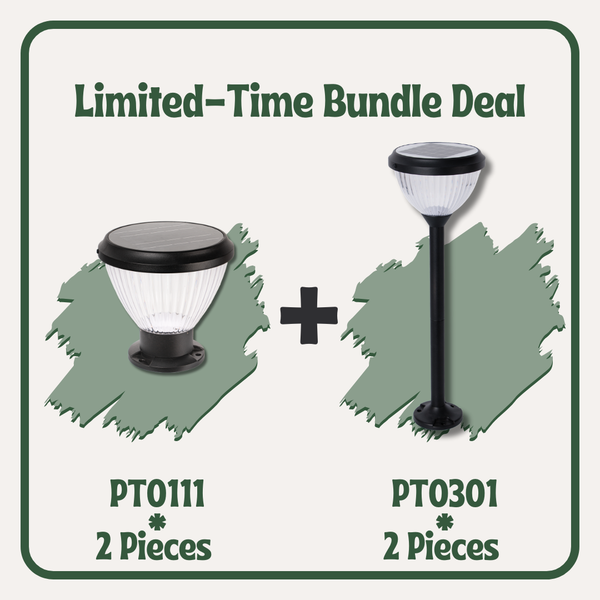 Priva Solar Pillar Light with Tri-Color PT0111 [2-pieces]+ Goya 4-in-1 Solar Lawn Light PT0301 [2-pieces]