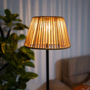 Floor lamp with a warm light in a room with a plant and sofa.