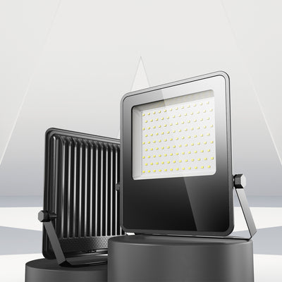 Black outdoor LED floodlight on a gray background