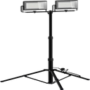 Dual-head LED work light with adjustable tripod stand, 2x50W TwinGlow flood light on extendable black metal stand, portable work light for construction, workshop, garage and outdoor use, white background product shot