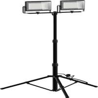 Dual-head LED work light with adjustable tripod stand, 2x50W TwinGlow flood light on extendable black metal stand, portable work light for construction, workshop, garage and outdoor use, white background product shot
