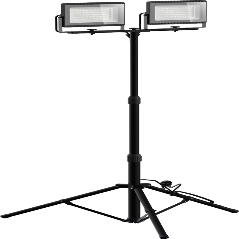 Dual-head LED work light with adjustable tripod stand, 2x50W TwinGlow flood light on extendable black metal stand, portable work light for construction, workshop, garage and outdoor use, white background product shot
