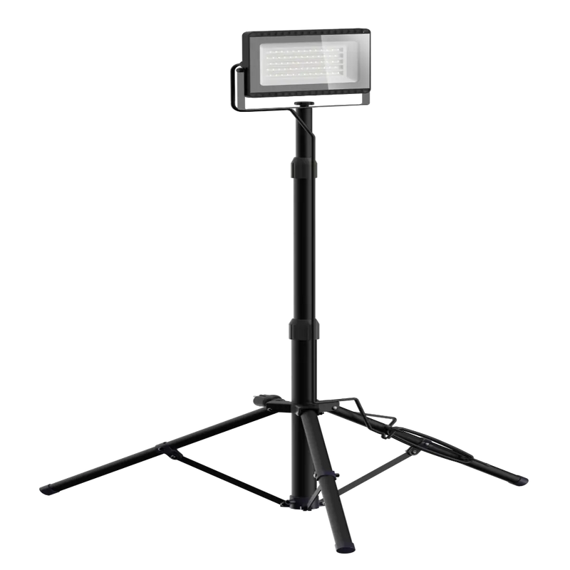 Single-head LED work light with adjustable tripod stand, 100W portable flood light for outdoor and workshop use, white background product shot