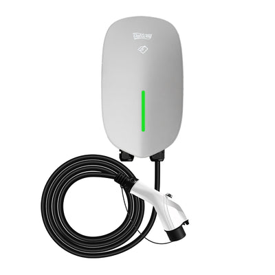 A white Xeno smart EV charger with a black cable and green accents, designed for home charging of electric vehicles.