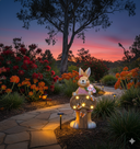 Garden scene with a decorative rabbit sculpture holding a 'Welcome' sign at dusk.