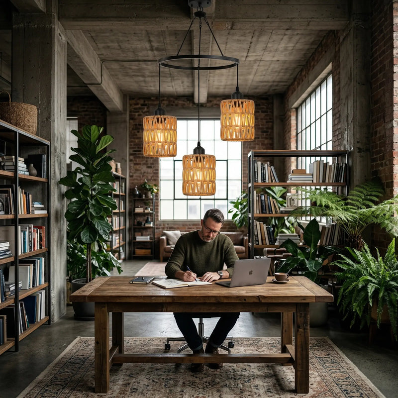 Person working at a wooden desk in a cozy, well-lit room with bookshelves and plants.