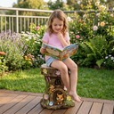 Young girl reading a book in Outway Tree Stump Stool 3-in-1 functions – garden stool