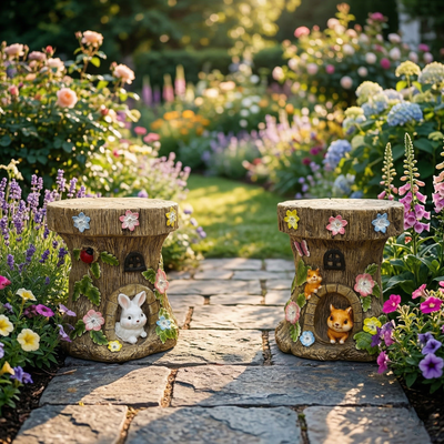 Two wooden stump stools create a warm and inviting atmosphere.