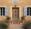 Decorative rabbit statues with 'Welcome' signs in front of a stone building with lavender plants.