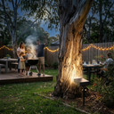 Family gathered around a grill in a backyard with string lights and a tree stump lamp.