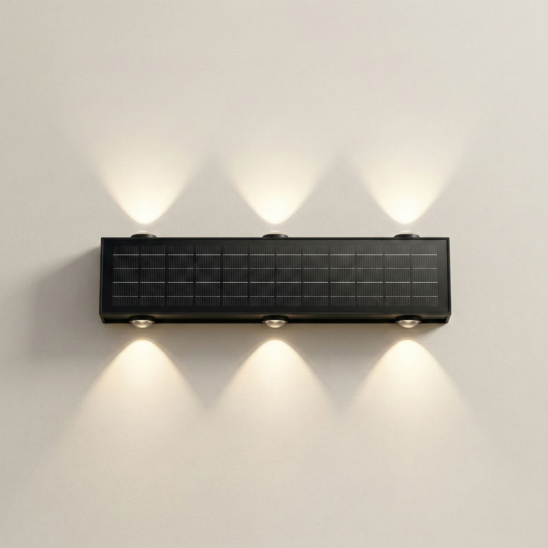 PT0802 solar wall wash light installed on an exterior wall, warm 3000K glow, aluminum alloy body