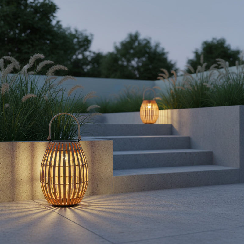 Solar garden lawn light on a patio with steps and greenery