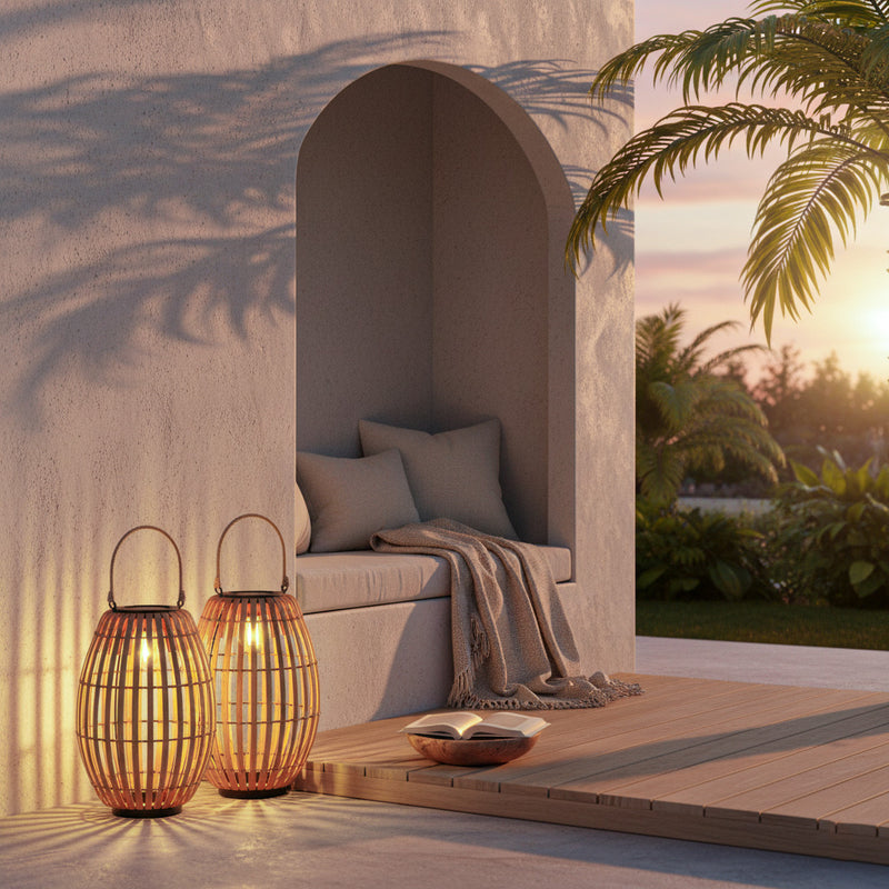 Outdoor seating area with solar garden lawn light, cushions, and a bowl on a wooden table, with palm trees and sunset in the background.