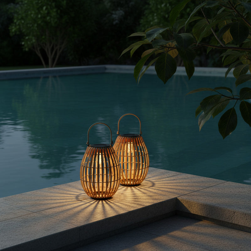Two illuminated solar garden lawn light by a pool at night