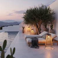 Solar Handwoven Garden Lawn Light with a pool, trees, and lanterns at dusk.