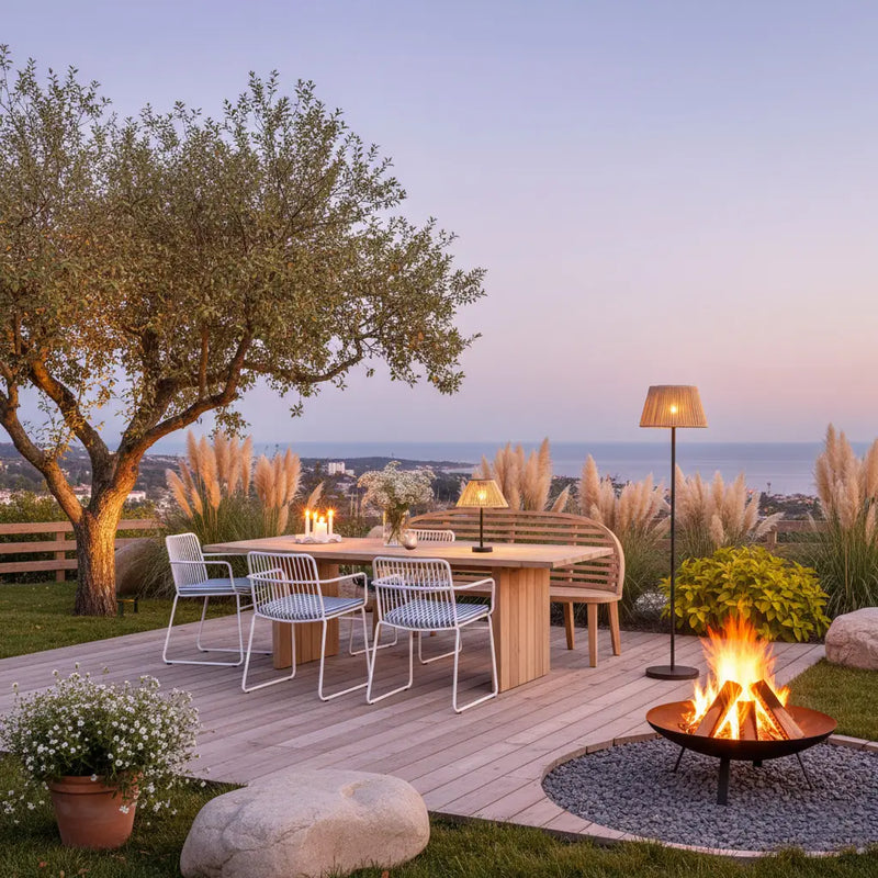 Outdoor patio with floor lamp next to a wooden table, chairs, and fire pit by a tree at dusk.