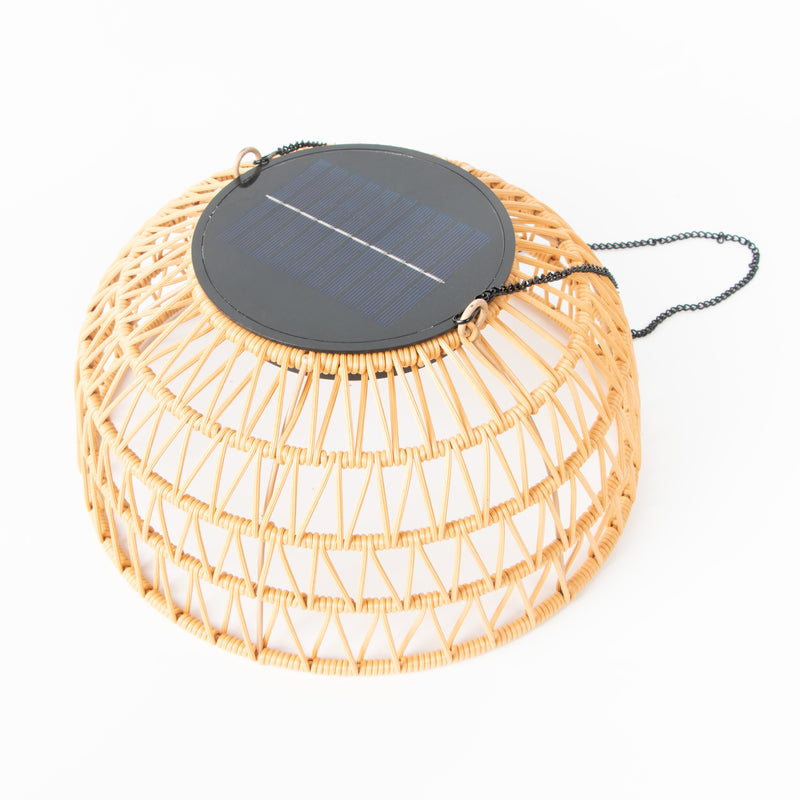 Solar handwoven bamboo ceiling lights with a black solar panel on a white background
