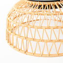 Close-up of a solar handwoven bamboo ceiling lights with geometric pattern on a white background