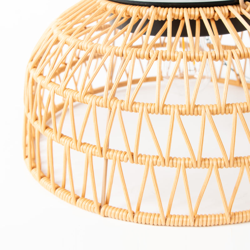 Close-up of a solar handwoven bamboo ceiling lights with geometric pattern on a white background