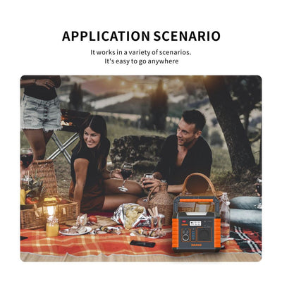 An outdoor picnic scene with two people sitting on a blanket, surrounded by food, drinks, and a portable orange-and-black power station in the foreground. Above the scene, text reads 'APPLICATION SCENARIO' and 'It works in a variety of scenarios.