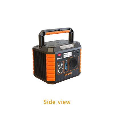 A portable power station or radio shown from the side on a white background, with the text 'Side view' below it. The device is primarily black with bright orange side panels and handle details.