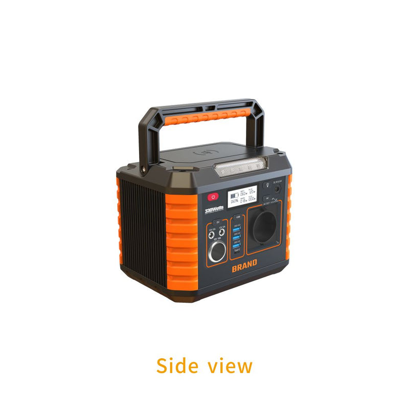 A portable power station or radio shown from the side on a white background, with the text 'Side view' below it. The device is primarily black with bright orange side panels and handle details.