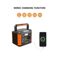 A portable power station with orange and black ribbed sides, shown wired to charge a smartphone. Above the product, the text reads 'WIRED CHARGING FUNCTION' with orange icons indicating compatible devices: phones, cameras, GPS devices, laptops, tablets, and cars.