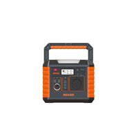 A portable power station with a rugged black and orange design, featuring a top carrying handle, a digital display screen, and various port controls on the front face, set against a plain white background.