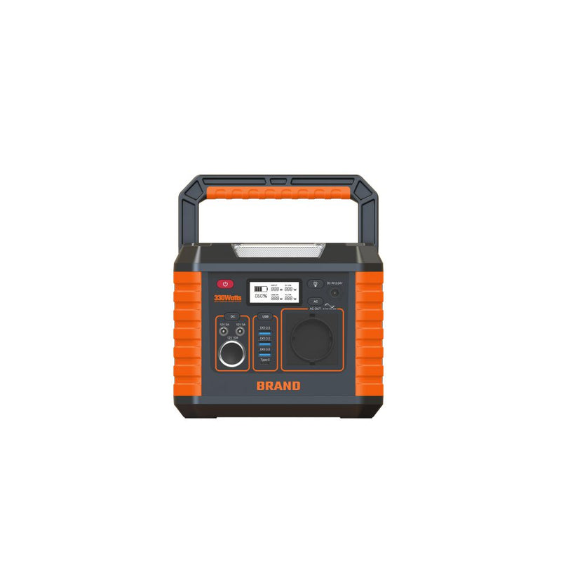 A portable power station with a rugged black and orange design, featuring a top carrying handle, a digital display screen, and various port controls on the front face, set against a plain white background.