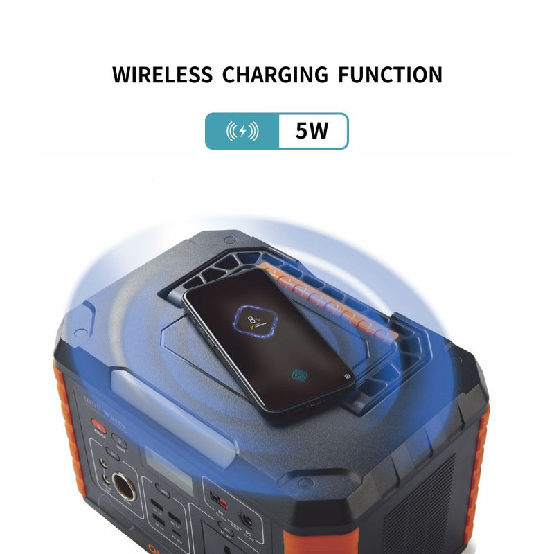 Portable power station with wireless charging function, featuring a smartphone placed on its top surface under a blue lightwave effect, with text reading 'WIRELESS CHARGING FUNCTION' and '10W'.